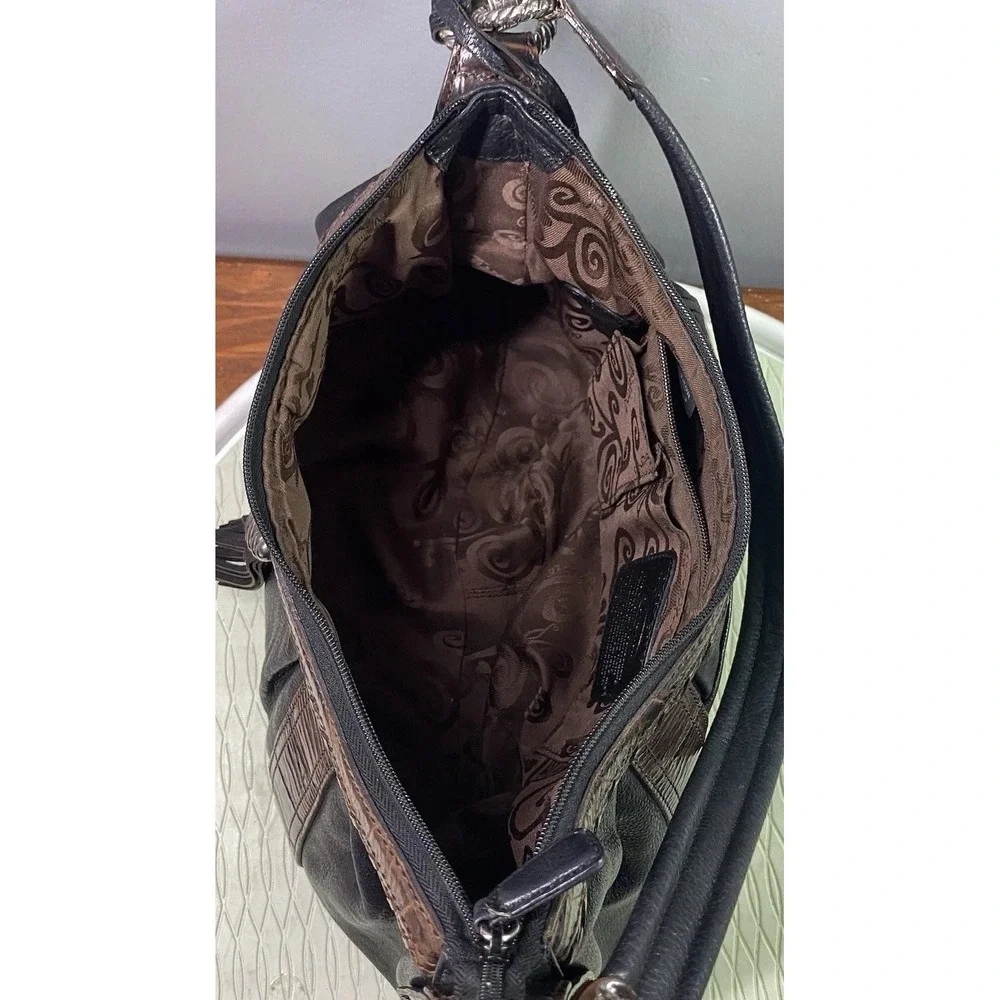 BRIGHTON Leather Women's Croc Purse Black&Brown Bag Tassel Hobo‎  9x13x2.5